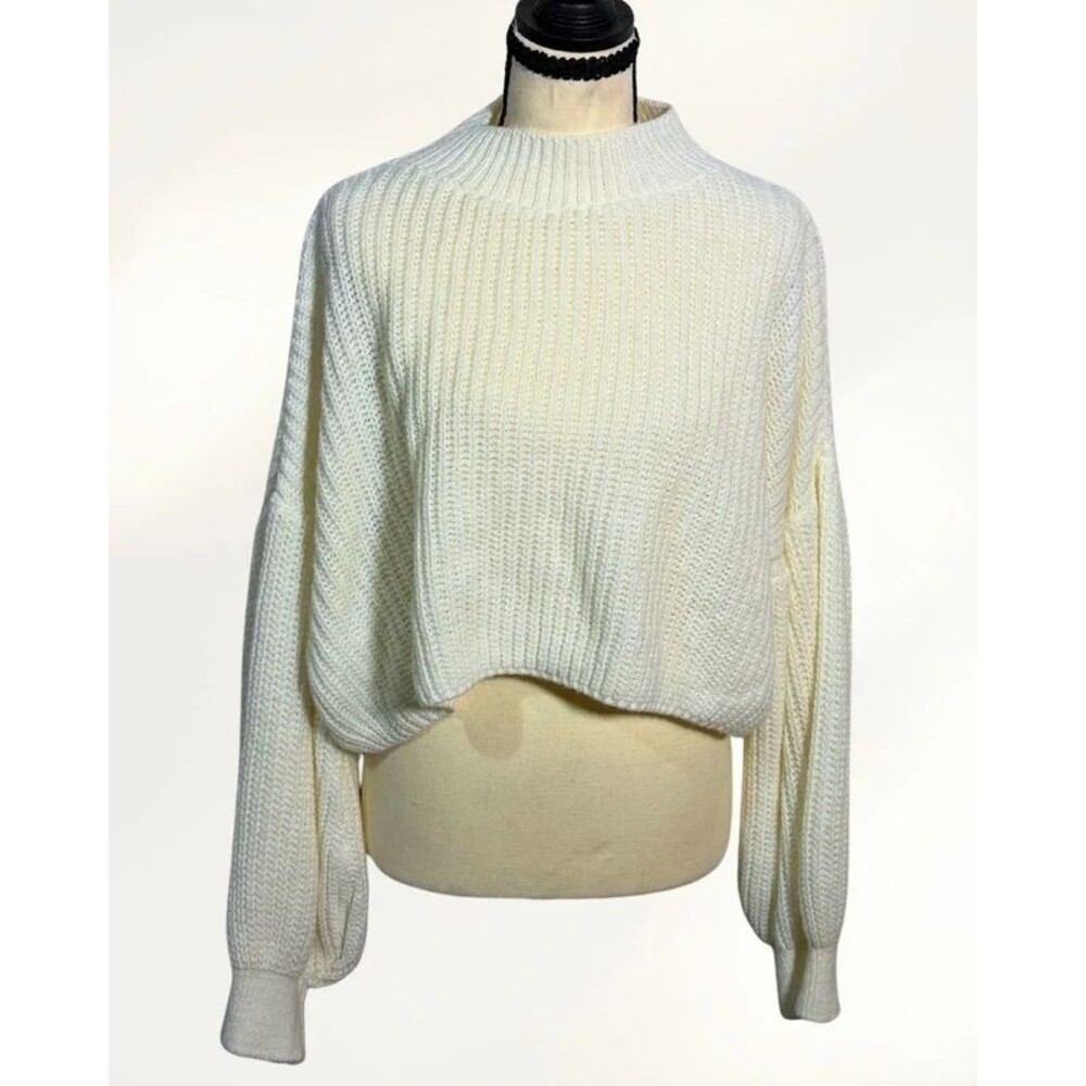 Boohoo Cream Ribbed Cropped Sweater Oversized Balloon Sleeve Knit Pullover